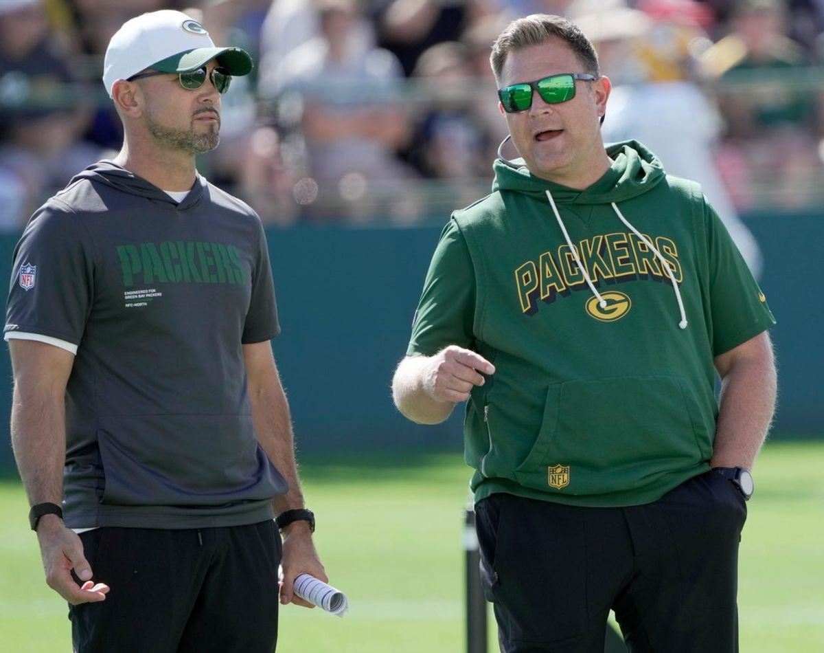 Green Bay Packers head coach Matt LaFleur, left, and general manager Brian Gutekunst are shown during a joint practice with the Seattle Seahawks Thursday, August 21, 2025 in Green Bay, Wisconsin.