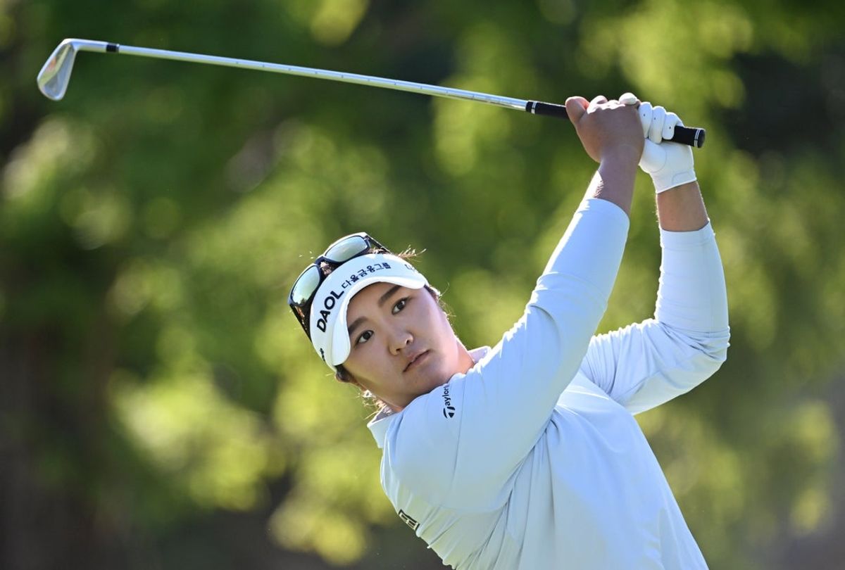 Aug 21, 2025; Mississauga, Ontario, CAN;  Haeran Ryu plays her tee shot at the sixth hole during first round play at the CPKC Women's Open golf tournament. Mandatory Credit: Dan Hamilton-Imagn Images