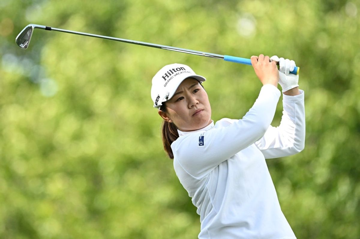 Aug 21, 2025; Mississauga, Ontario, CAN;  Nasa Hataoka plays her tee shot at the third hole during first round play at the CPKC Women's Open golf tournament. Mandatory Credit: Dan Hamilton-Imagn Images