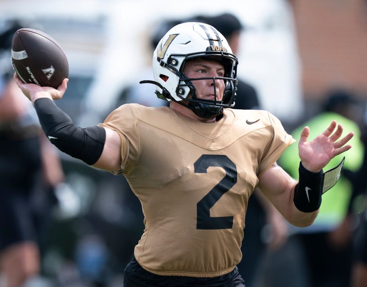 Vanderbilt quarterback Diego Pavia (2) throws during practice at Vanderbilt University in Nashville, Tenn., Thursday, Aug. 21, 2025.