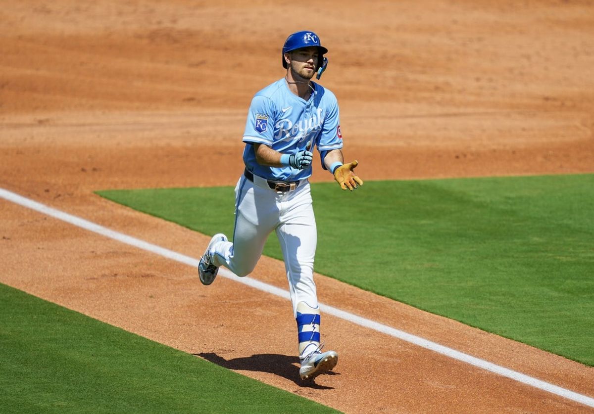 Aug 21, 2025; Kansas City, Missouri, USA; Kansas City Royals left fielder Nick Loftin (12) rounds the bases after hitting a home run during the second inning against the Texas Rangers at Kauffman Stadium. Mandatory Credit: Jay Biggerstaff-Imagn Images
