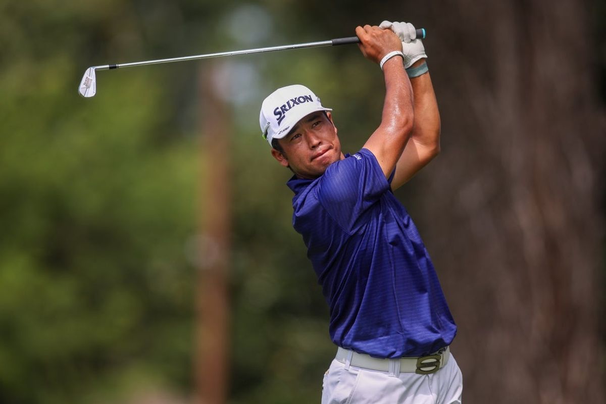 Aug 21, 2025; Atlanta, Georgia, USA; Hideki Matsuyama plays his shot from the second tee during the first round of the TOUR Championship golf tournament. Mandatory Credit: Brett Davis-Imagn Images