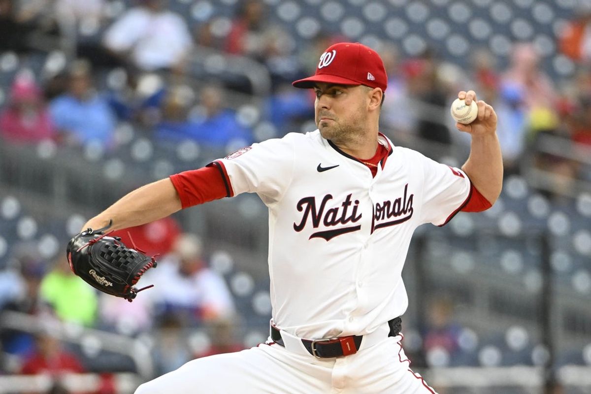 Aug 21, 2025; Washington, District of Columbia, USA; Washington Nationals starting pitcher MacKenzie Gore (1) throws to the New York Mets during the second inning at Nationals Park. Mandatory Credit: Brad Mills-Imagn Images