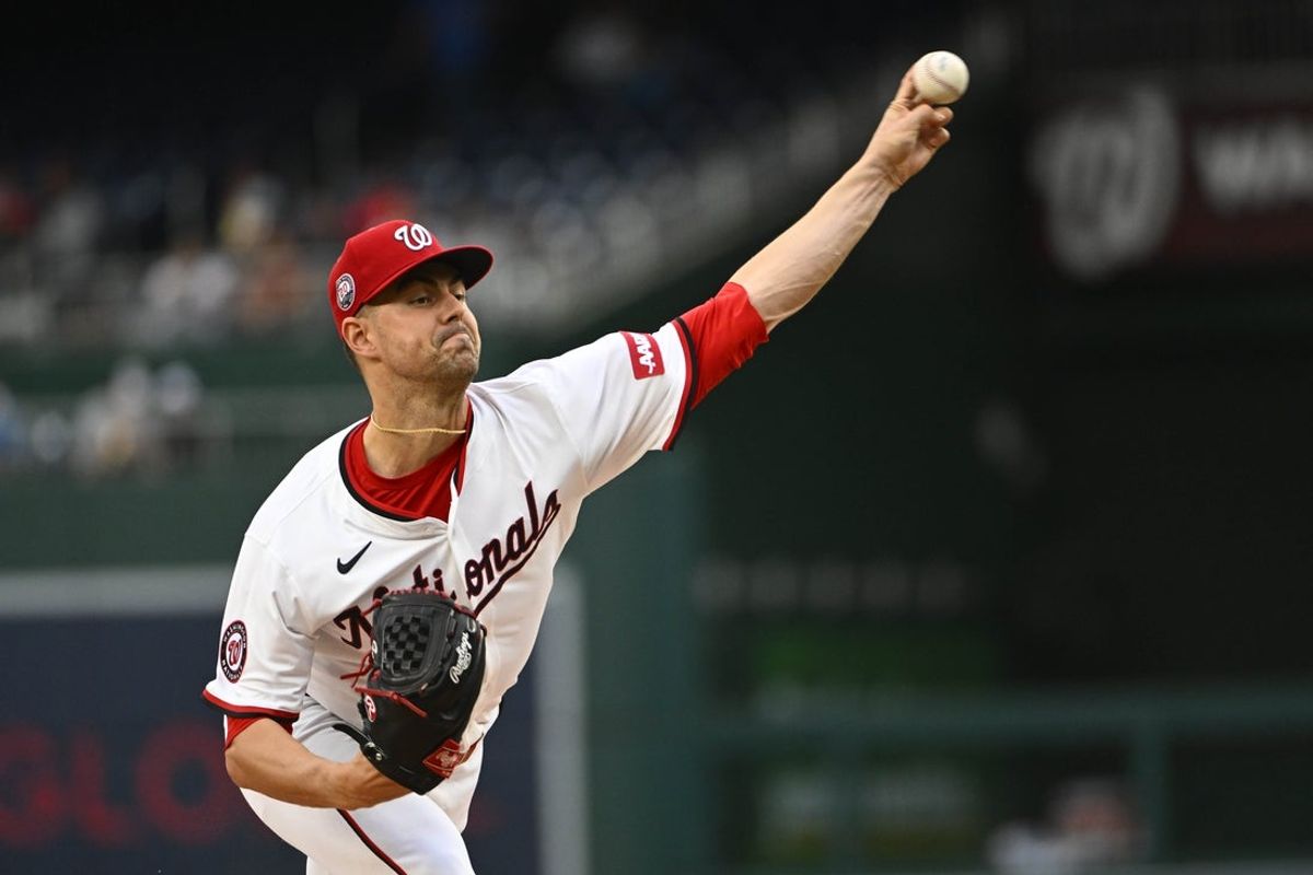 Aug 21, 2025; Washington, District of Columbia, USA; Washington Nationals starting pitcher MacKenzie Gore (1) throws to the New York Mets during the first inning at Nationals Park. Mandatory Credit: Brad Mills-Imagn Images