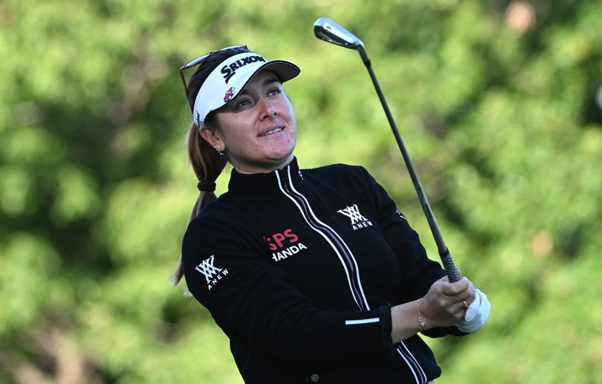 Aug 21, 2025; Mississauga, Ontario, CAN;  Hannah Green plays her tee shot at the third hole during first round play at the CPKC Women's Open golf tournament. Mandatory Credit: Dan Hamilton-Imagn Images
