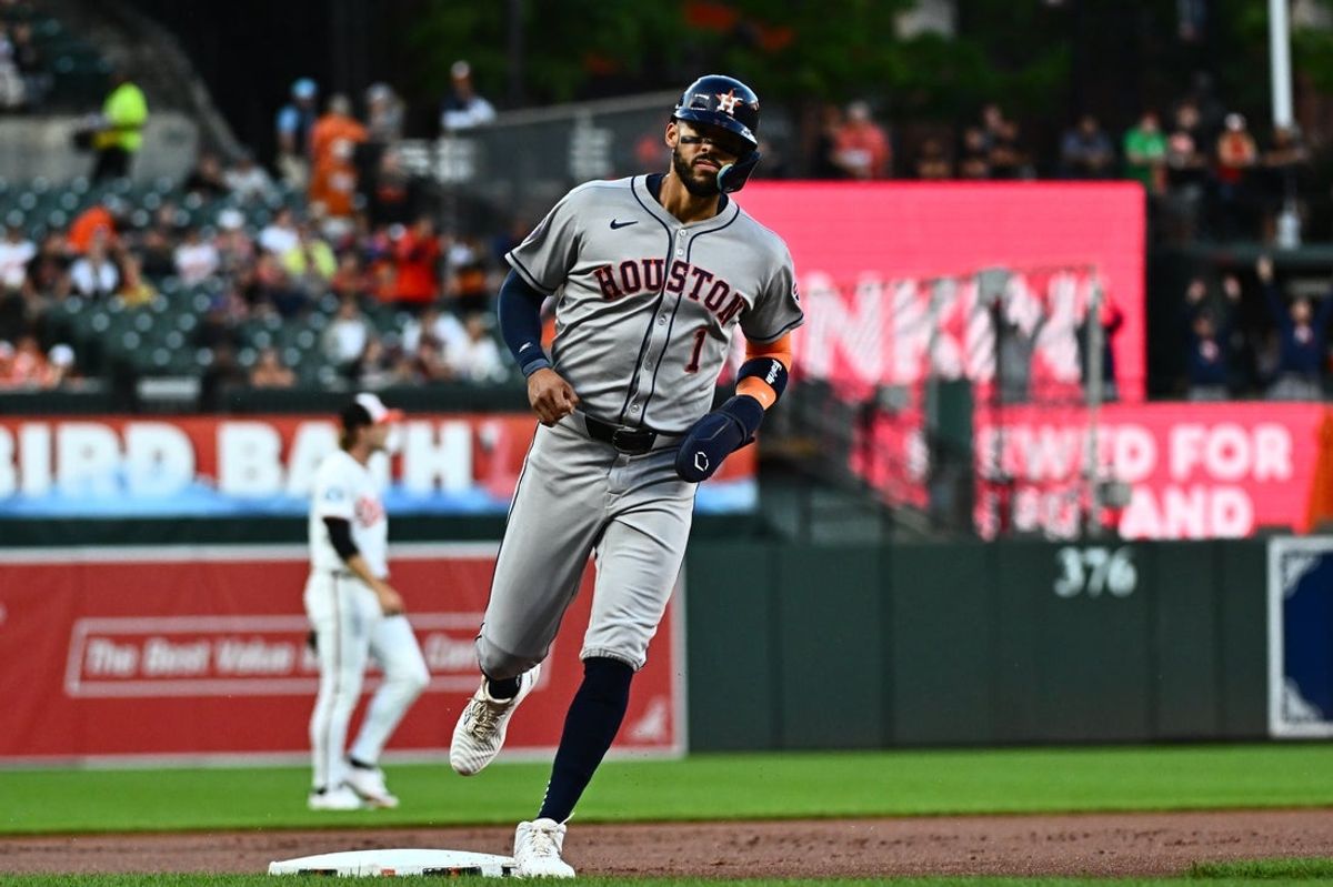 Aug 21, 2025; Baltimore, Maryland, USA;  Houston Astros third baseman Carlos Correa (1) rounds the bases on a home run by Houston Astros first baseman Christian Walker (not pictured) during the first inning against the Baltimore Orioles at Oriole Park at Camden Yards. Mandatory Credit: James A. Pittman-Imagn Images