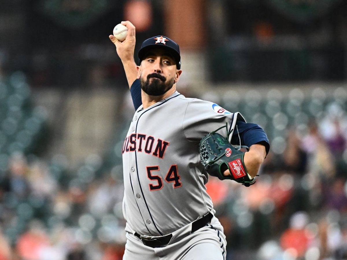 Aug 21, 2025; Baltimore, Maryland, USA;  Houston Astros pitcher Jason Alexander (54) pitches during the first inning against the Baltimore Orioles at Oriole Park at Camden Yards. Mandatory Credit: James A. Pittman-Imagn Images