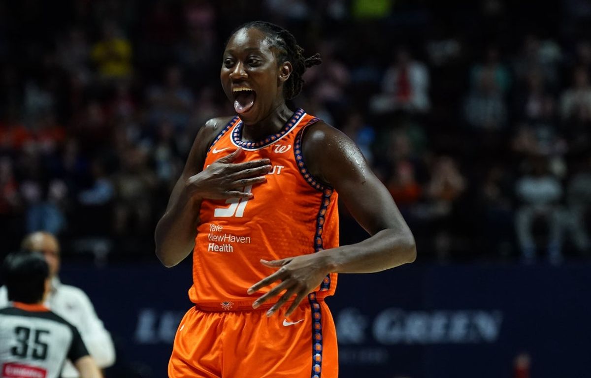 Aug 21, 2025; Uncasville, Connecticut, USA; Connecticut Sun center Tina Charles (31) reacts after his basket against the Washington Mystics in the second half at Mohegan Sun Arena. Mandatory Credit: David Butler II-Imagn Images