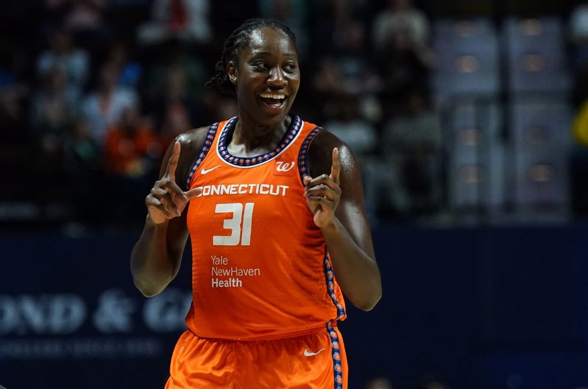 Aug 21, 2025; Uncasville, Connecticut, USA; Connecticut Sun center Tina Charles (31) reacts after his basket against the Washington Mystics in the second half at Mohegan Sun Arena. Mandatory Credit: David Butler II-Imagn Images