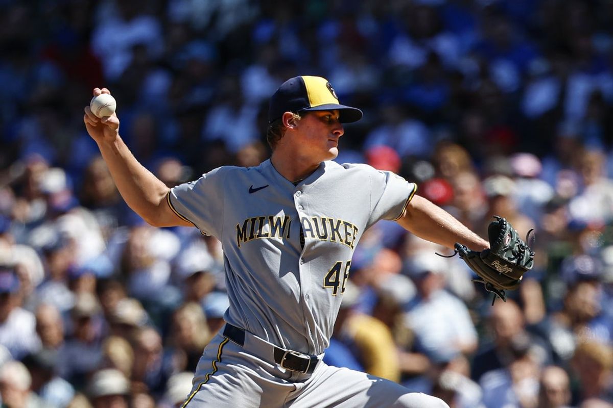 Aug 21, 2025; Chicago, Illinois, USA; Milwaukee Brewers starting pitcher Quinn Priester (46) delivers a pitch against the Chicago Cubs during the fifth inning at Wrigley Field. Mandatory Credit: Kamil Krzaczynski-Imagn Images