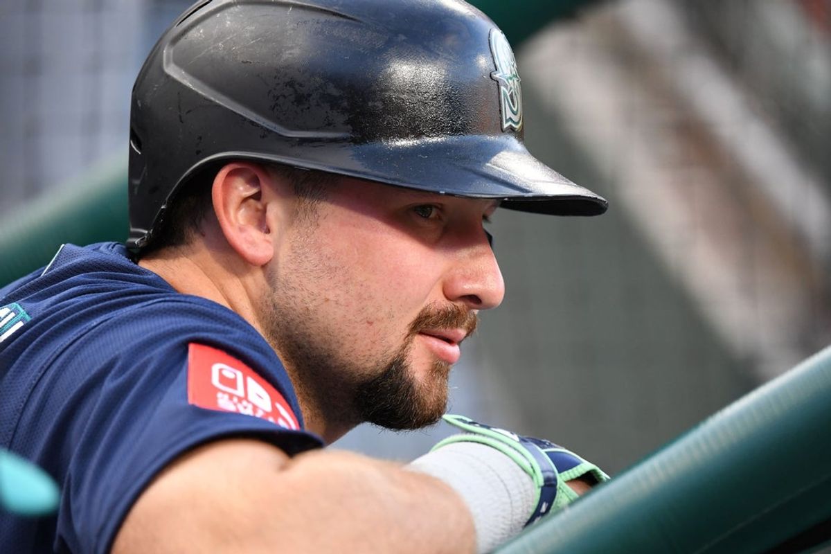Aug 19, 2025; Philadelphia, Pennsylvania, USA; Seattle Mariners catcher Cal Raleigh (29) in the dugout against the Philadelphia Phillies at Citizens Bank Park. Mandatory Credit: Eric Hartline-Imagn Images