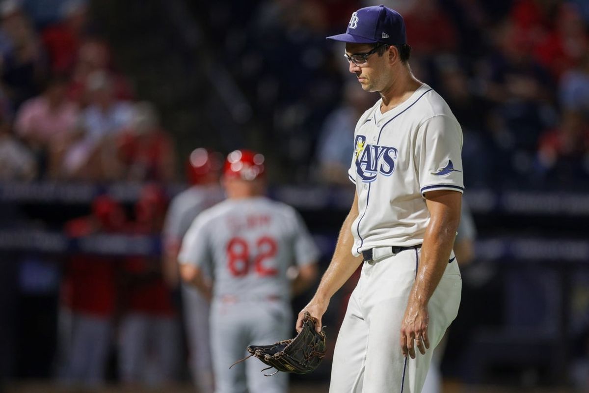 Aug 21, 2025; Tampa, Florida, USA; Tampa Bay Rays starting pitcher Joe Boyle (36) leaves a game against the St. Louis Cardinals in the fifth inning at George M. Steinbrenner Field. Mandatory Credit: Nathan Ray Seebeck-Imagn Images