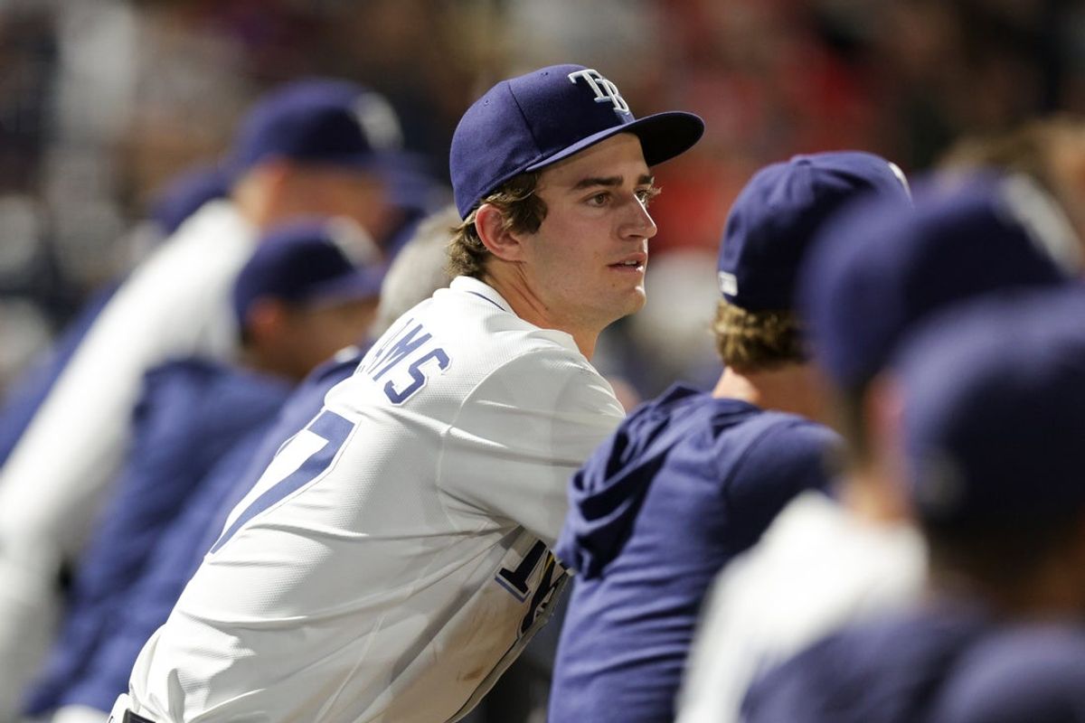 Aug 21, 2025; Tampa, Florida, USA; Tampa Bay Rays shortstop Carson Williams (77) looks on from the dugout against the St. Louis Cardinals in the fourth inning at George M. Steinbrenner Field. Mandatory Credit: Nathan Ray Seebeck-Imagn Images
