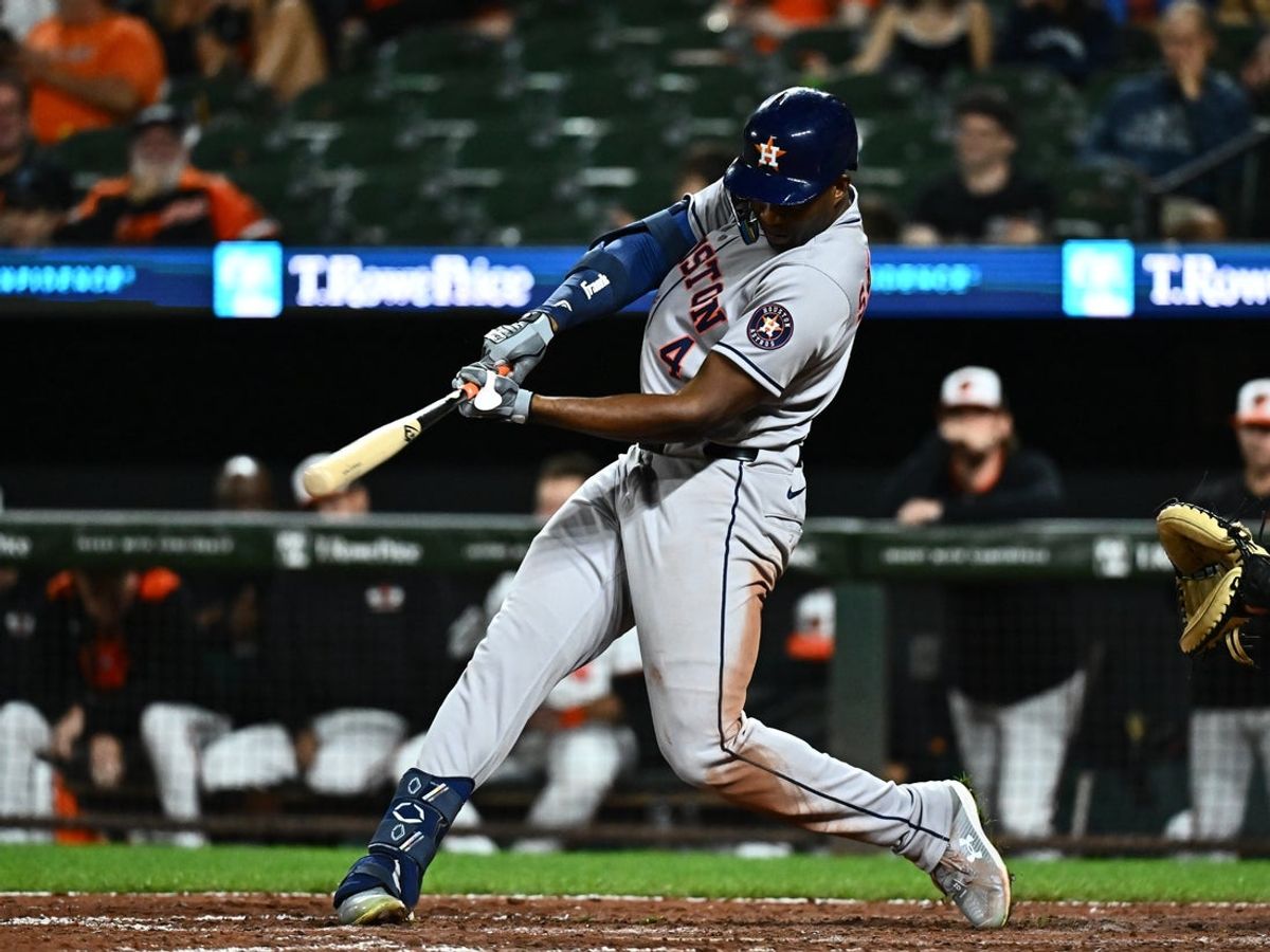 Aug 21, 2025; Baltimore, Maryland, USA;  Houston Astros outfielder Jesús Sánchez (4) singles during the ninth inning against the Baltimore Orioles at Oriole Park at Camden Yards. Mandatory Credit: James A. Pittman-Imagn Images