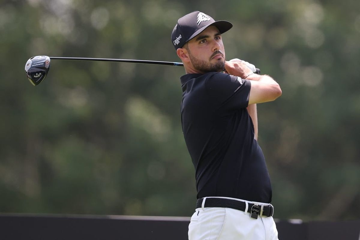 Aug 12, 2023; Bedminster, New Jersey, USA; Abraham Ancer plays his shot from the third tee during the second round of the LIV Golf Bedminster golf tournament at Trump National Bedminster.