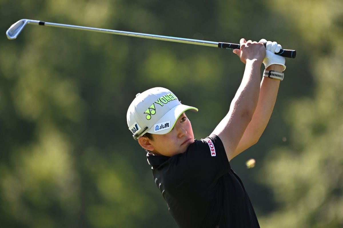 Aug 22, 2025; Mississauga, Ontario, CAN;  Akie Iwai plays her tee shot at the sixth hole during second round play at the CPKC Women's Open golf tournament. Mandatory Credit: Dan Hamilton-Imagn Images