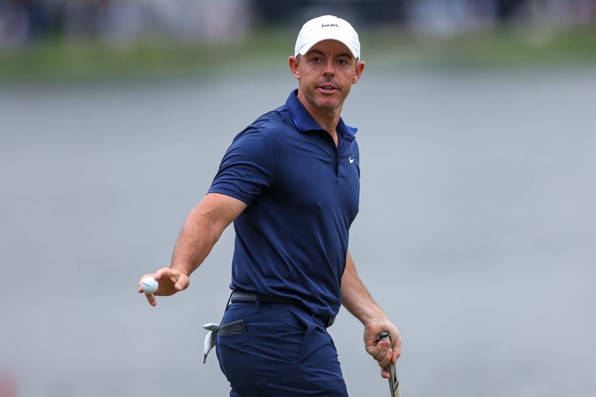 Aug 22, 2025; Atlanta, Georgia, USA; Rory McIlroy reacts after a putt on the eighth green during the second round of the TOUR Championship golf tournament. Mandatory Credit: Brett Davis-Imagn Images