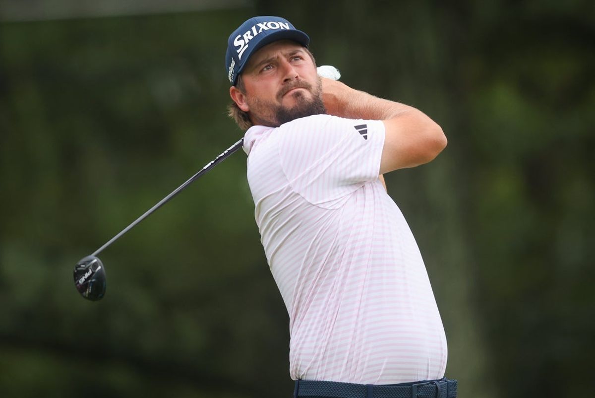 Aug 22, 2025; Atlanta, Georgia, USA; Andrew Novak plays his shot from the third tee during the second round of the TOUR Championship golf tournament. Mandatory Credit: Brett Davis-Imagn Images