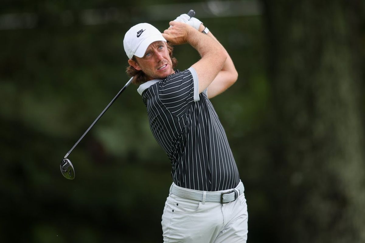 Aug 22, 2025; Atlanta, Georgia, USA; Tommy Fleetwood plays his shot from the third tee during the second round of the TOUR Championship golf tournament. Mandatory Credit: Brett Davis-Imagn Images