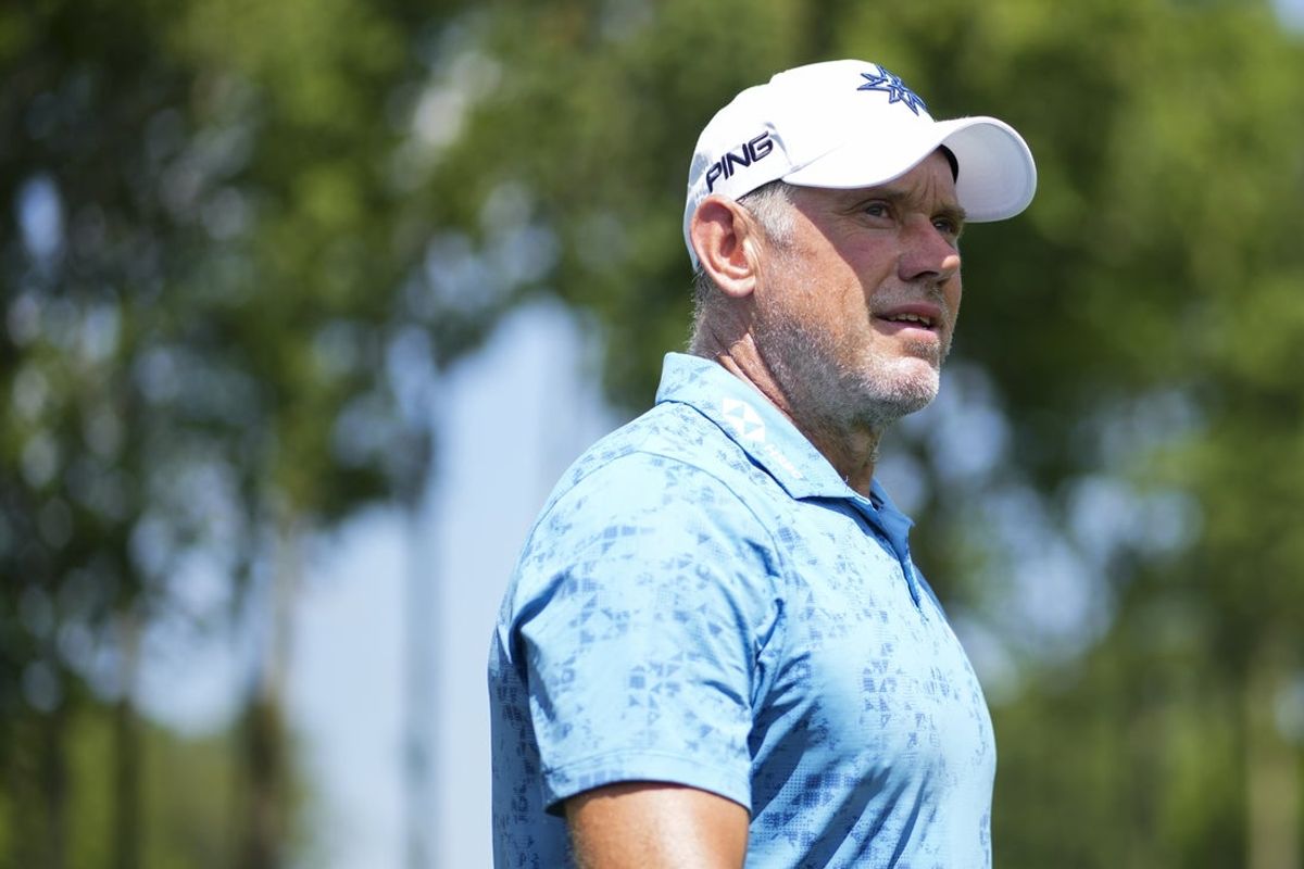 Aug 22, 2025; Detroit, Michigan, USA;  Lee Westwood of Majesticks GC walks the course during the quarterfinals of the LIV Golf Michigan Team Championship at The Cardinal at Saint John's Resort. Mandatory Credit: Aaron Doster-Imagn Images