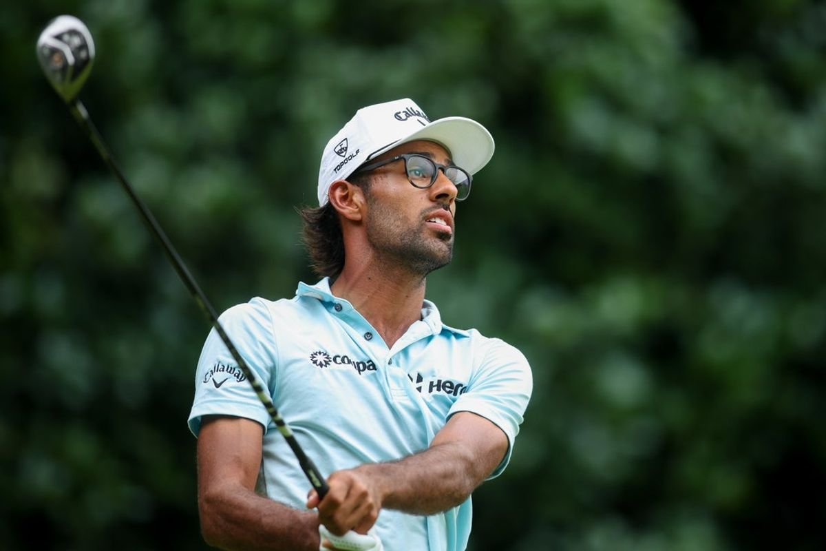 Aug 22, 2025; Atlanta, Georgia, USA; Akshay Bhatia plays his shot from the 12th tee during the second round of the TOUR Championship golf tournament. Mandatory Credit: Brett Davis-Imagn Images