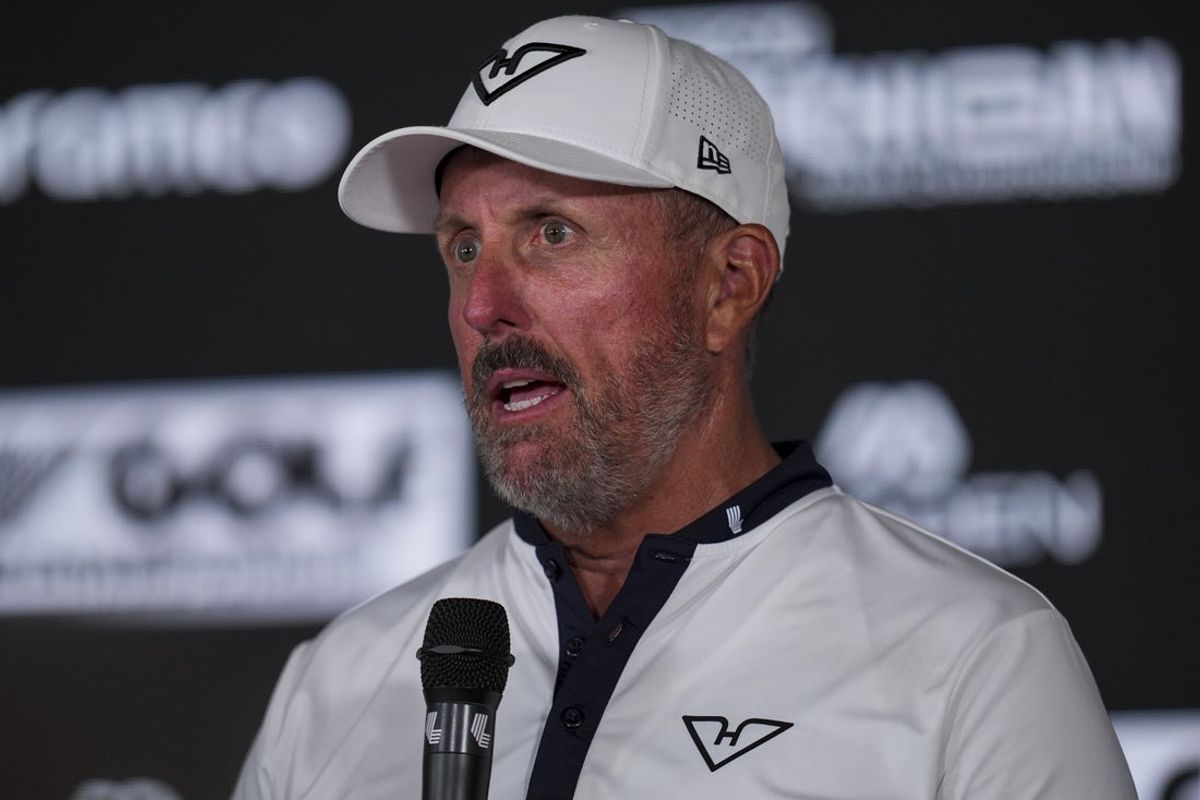 Aug 22, 2025; Detroit, Michigan, USA;  Phil Mickelson of HyFlyers GC address the media after the quarterfinals of the LIV Golf Michigan Team Championship at The Cardinal at Saint John's Resort. Mandatory Credit: Aaron Doster-Imagn Images