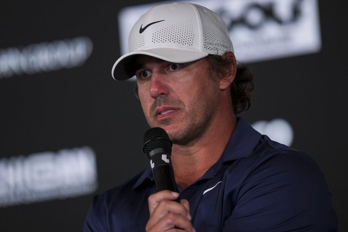Aug 22, 2025; Detroit, Michigan, USA;  Brooks Koepka of Smash GC address the media after the quarterfinals of the LIV Golf Michigan Team Championship at The Cardinal at Saint John's Resort. Mandatory Credit: Aaron Doster-Imagn Images