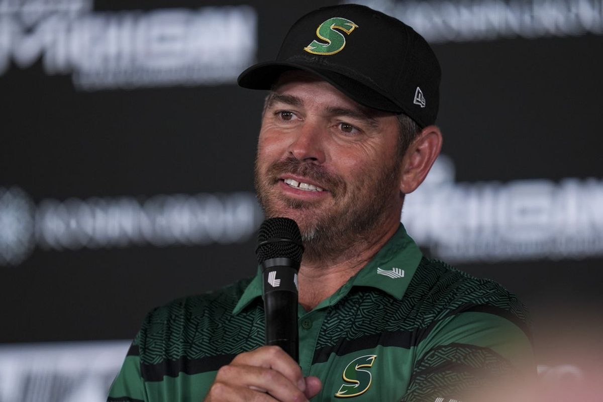 Aug 22, 2025; Detroit, Michigan, USA;  Louis Oosthuizen of Stinger GC address the media after the quarterfinals of the LIV Golf Michigan Team Championship at The Cardinal at Saint John's Resort. Mandatory Credit: Aaron Doster-Imagn Images