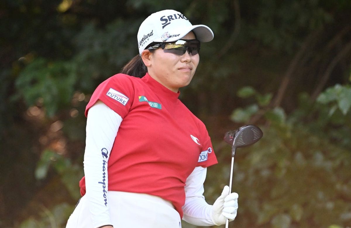 Aug 22, 2025; Mississauga, Ontario, CAN;  Minami Katsu watches her tee shot at the fifth hole during second round play at the CPKC Women's Open golf tournament. Mandatory Credit: Dan Hamilton-Imagn Images