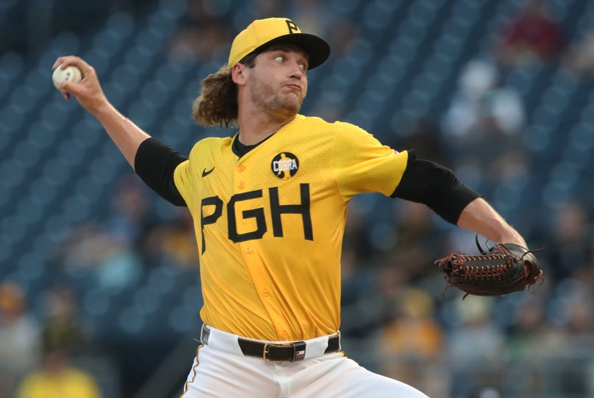 Aug 22, 2025; Pittsburgh, Pennsylvania, USA;  Pittsburgh Pirates starting pitcher Braxton Ashcraft (67) delivers a pitch against the Colorado Rockies during the first inning at PNC Park. Mandatory Credit: Charles LeClaire-Imagn Images