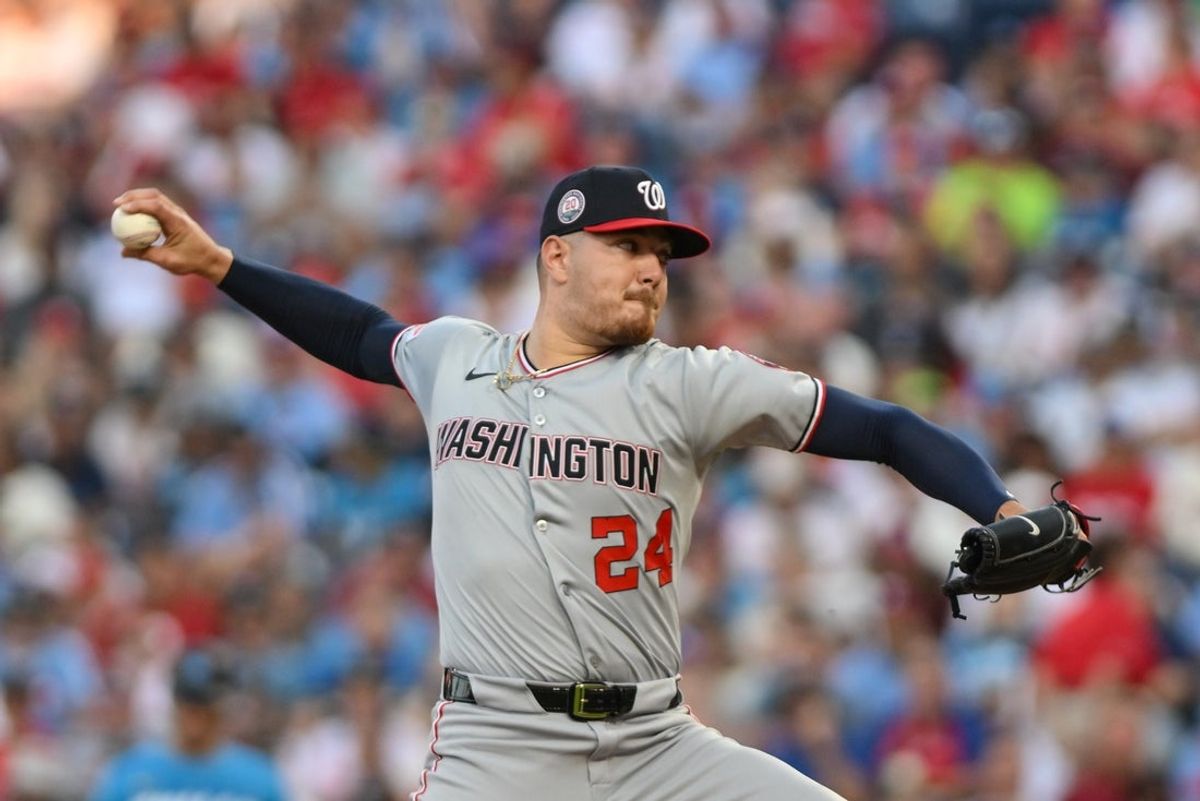 Aug 22, 2025; Philadelphia, Pennsylvania, USA; Washington Nationals pitcher Cade Cavalli (24) pitches against the Philadelphia Phillies during the first inning at Citizens Bank Park. Mandatory Credit: John Jones-Imagn Images