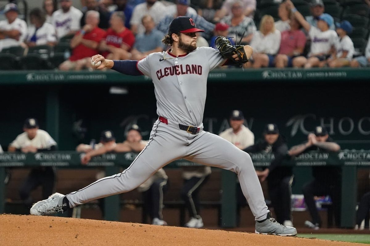 Aug 22, 2025; Arlington, Texas, USA; Cleveland Guardians starting pitcher Slade Cecconi (44) throws to the plate during the first inning against the Texas Rangers at Globe Life Field. Mandatory Credit: Raymond Carlin III-Imagn Images