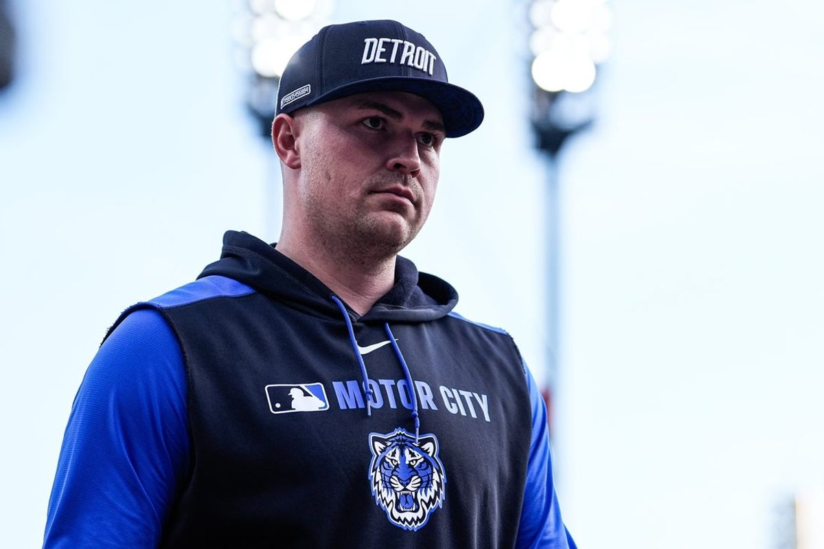 Detroit Tigers pitcher Tarik Skubal (29) walks into the dugout before the game against the Kansas City Royals at Comerica Park in Detroit on Friday, August 22, 2025.