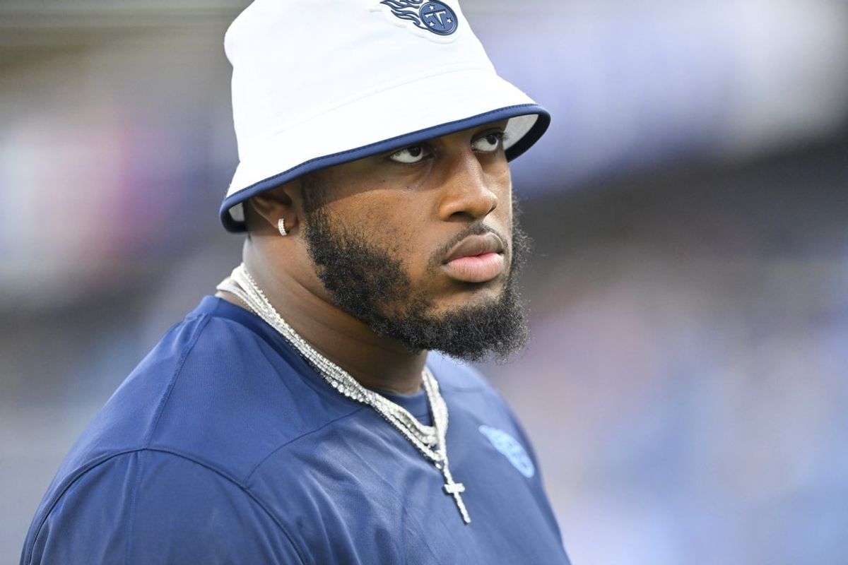 Aug 22, 2025; Nashville, Tennessee, USA; (Editors Notes: Caption Correction)  Tennessee Titans offensive lineman JC Latham against the Minnesota Vikings during pre-game warmups at Nissan Stadium. Mandatory Credit: Steve Roberts-Imagn Images