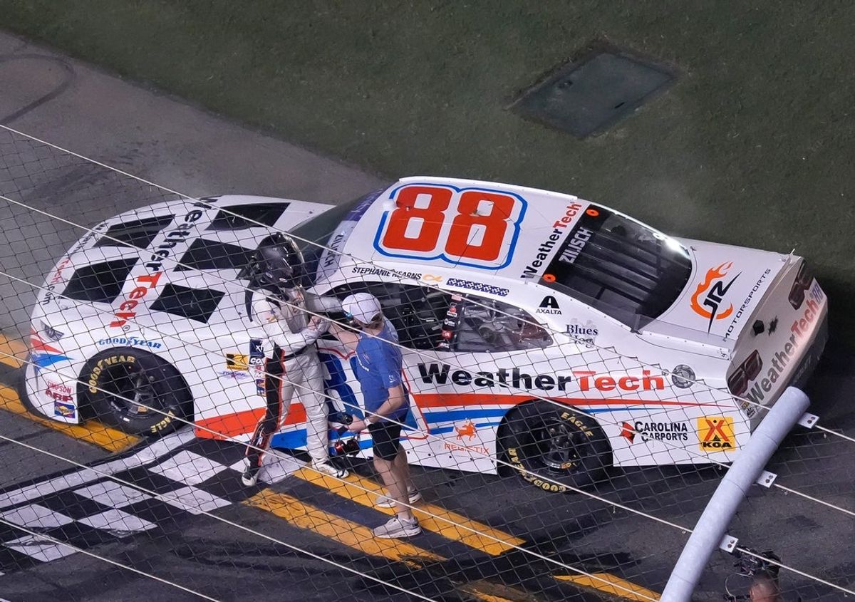 #88: Connor Zilisch, JR Motorsports, WeatherTech Chevrolet congratulates Parker Kligerman on winning the Xfinity Wawa 250 at Daytona International Speedway, Thursday, Aug. 22, 2025