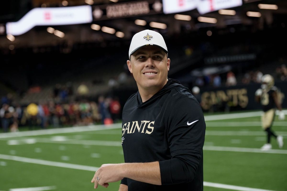 Aug 23, 2025; New Orleans, Louisiana, USA; New Orleans Saints head coach Kellen Moore walks the sideline before a game against the Denver Broncos at Caesars Superdome. Mandatory Credit: Matthew Hinton-Imagn Images
