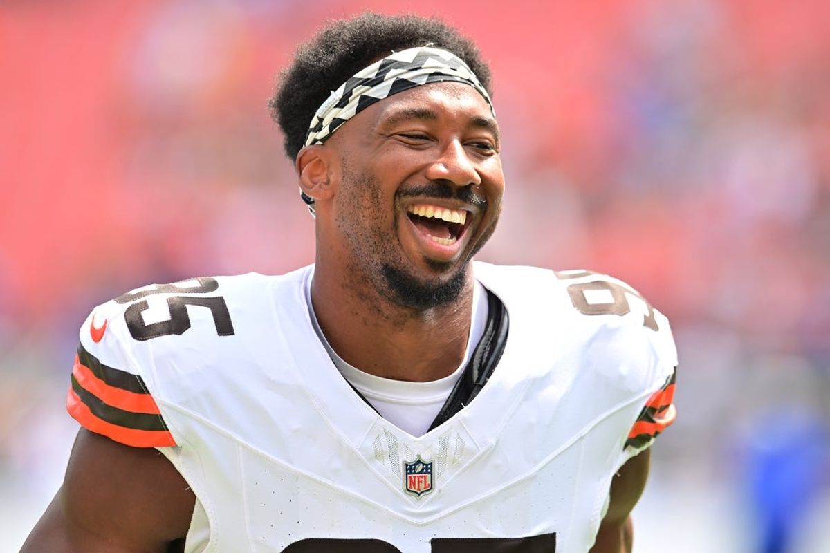 Aug 23, 2025; Cleveland, Ohio, USA; Cleveland Browns defensive end Myles Garrett (95) leaves the field before the game between the Browns and the Los Angeles Rams at Huntington Bank Field. Mandatory Credit: Ken Blaze-Imagn Images