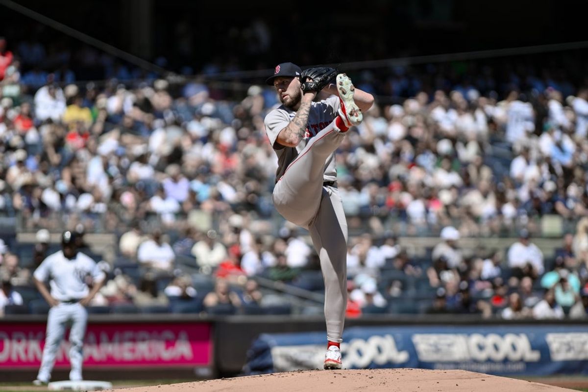 Aug 23, 2025; Bronx, New York, USA; Boston Red Sox pitcher Garrett Crochet (35) pitches against the New York Yankees during the first inning at Yankee Stadium. Mandatory Credit: John Jones-Imagn Images
