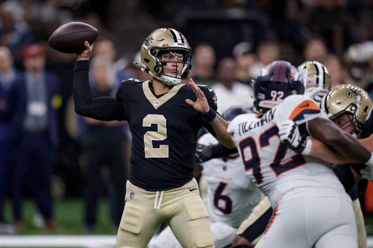 Aug 23, 2025; New Orleans, Louisiana, USA; New Orleans Saints quarterback Spencer Rattler (2) throws against the Denver Broncos during the first half at Caesars Superdome. Mandatory Credit: Matthew Hinton-Imagn Images