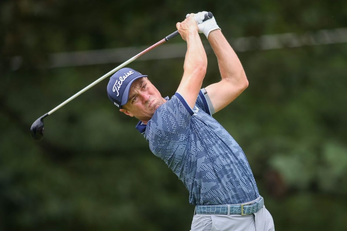 Aug 23, 2025; Atlanta, Georgia, USA; Justin Thomas plays his shot from the third tee during the third round of the TOUR Championship golf tournament. Mandatory Credit: Brett Davis-Imagn Images