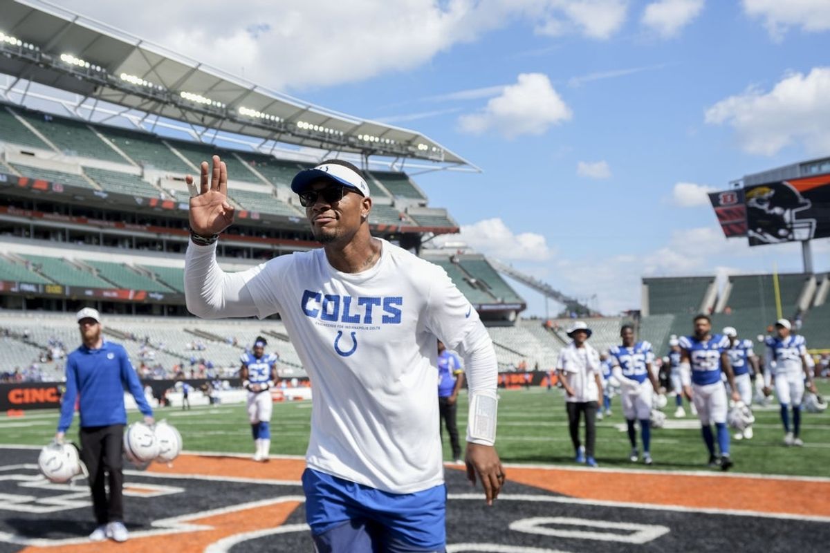 Aug 23, 2025; Cincinnati, Ohio, USA; Indianapolis Colts quarterback Anthony Richardson Sr. (5) leaves the field after defeating the Cincinnati Bengals at Paycor Stadium. Mandatory Credit: Christine Tannous-USAToday Network via Imagn Images
