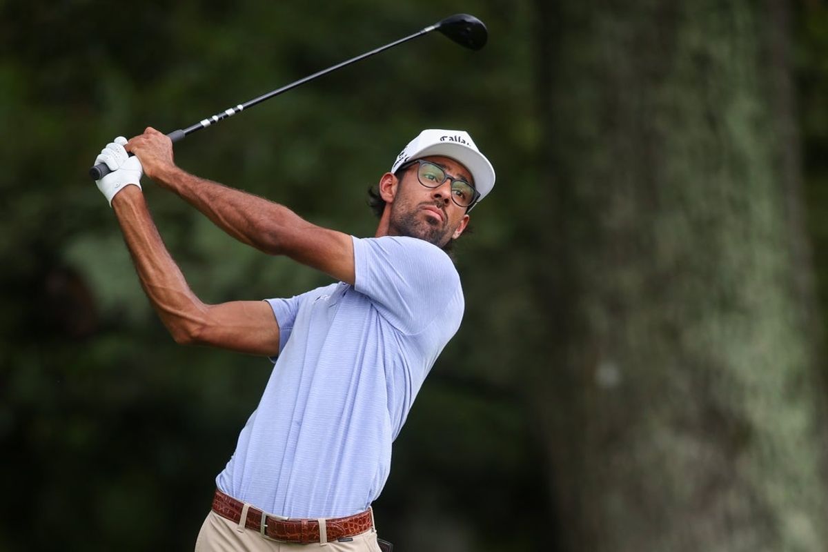Aug 23, 2025; Atlanta, Georgia, USA; Akshay Bhatia plays his shot from the third tee during the third round of the TOUR Championship golf tournament. Mandatory Credit: Brett Davis-Imagn Images