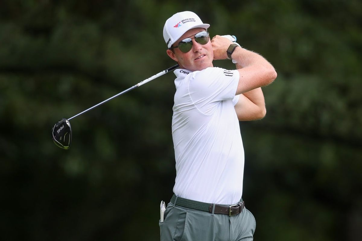 Aug 23, 2025; Atlanta, Georgia, USA; Ben Griffin plays his shot from the third tee during the third round of the TOUR Championship golf tournament. Mandatory Credit: Brett Davis-Imagn Images
