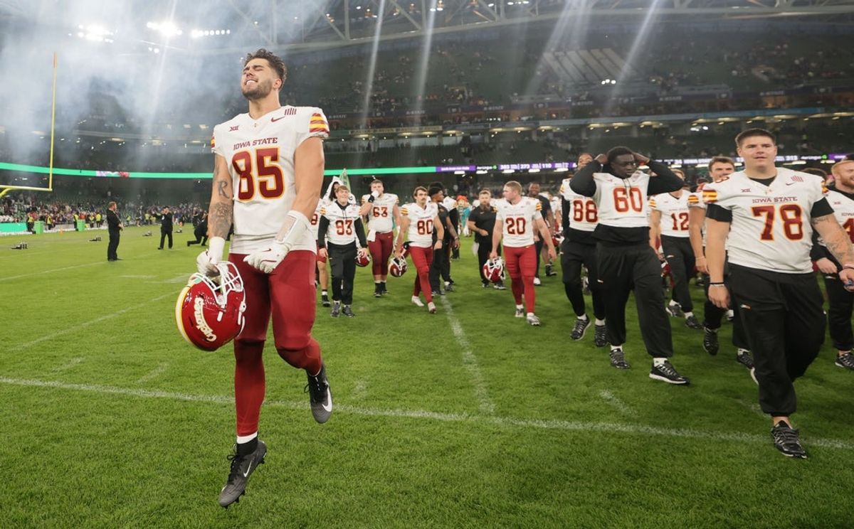 Aug 23, 2025; Dublin, IRELAND; Iowa State player Keaton Roskop celebrates after the Aer Lingus Classic between Iowa State and Kansas State at Aviva Stadium. Mandatory Credit: Laszlo Geczo/INPHO via Imagn Images