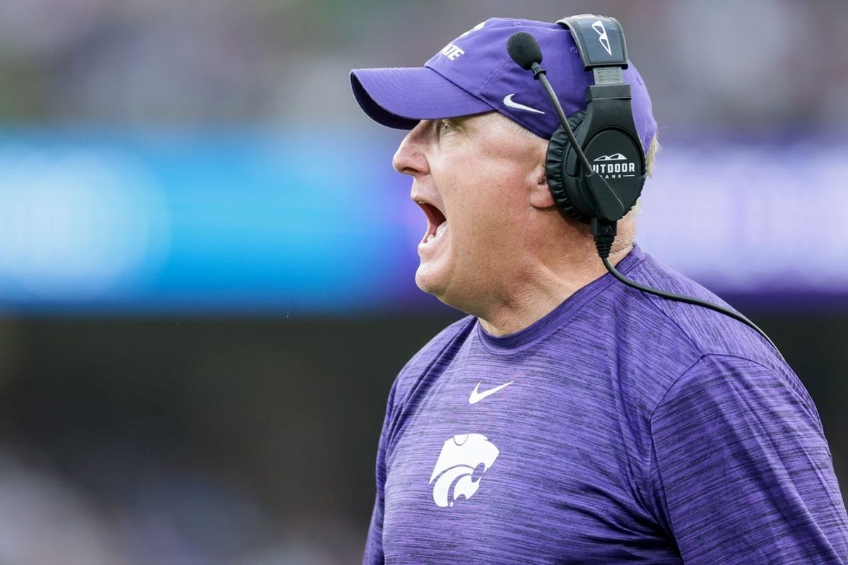 Aug 23, 2025; Dublin, IRELAND; Kansas State head coach Chris Klieman during the Aer Lingus Classic between Iowa State and Kansas State at Aviva Stadium. Mandatory Credit: Laszlo Geczo/INPHO via Imagn Images