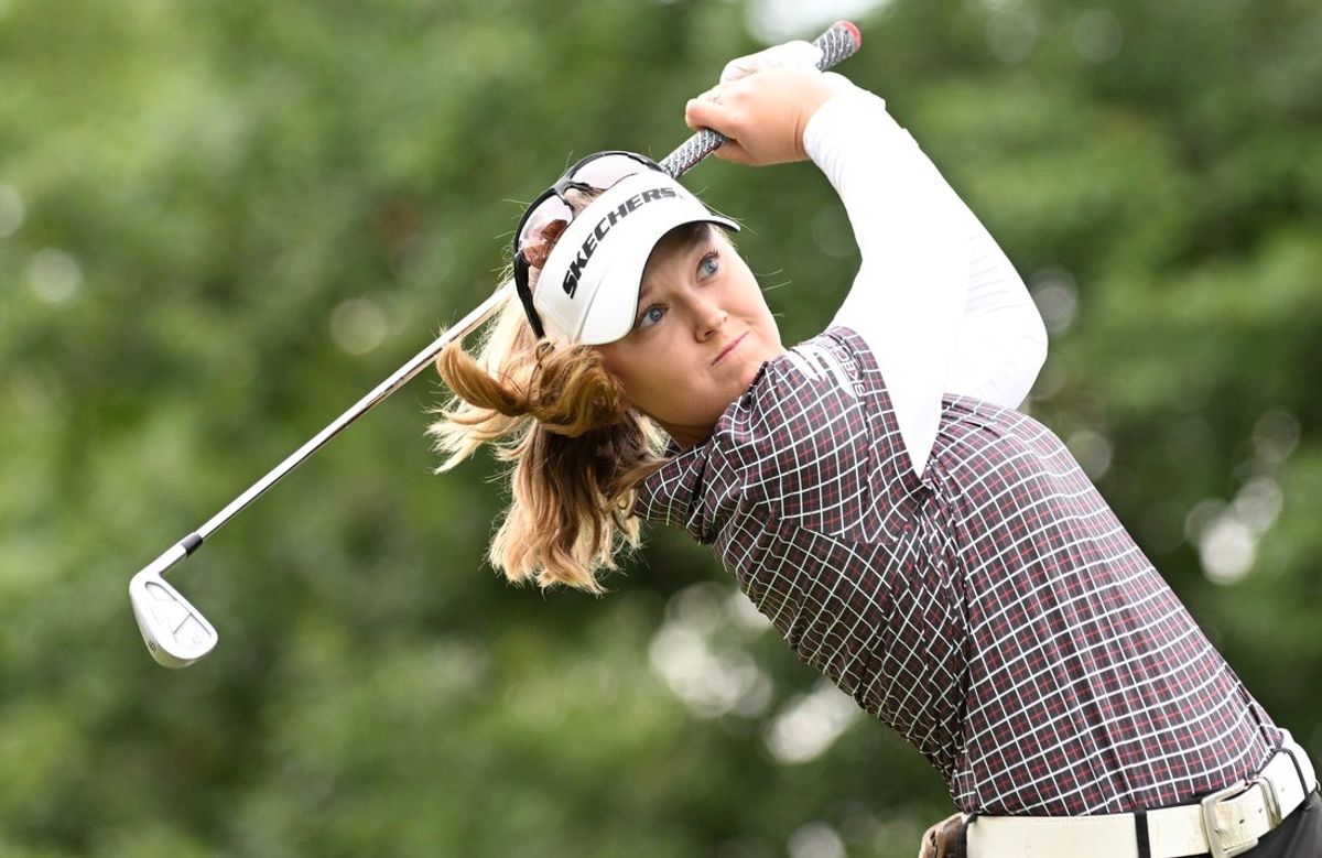 Aug 23, 2025; Mississauga, Ontario, CAN;  Brooke Henderson hits her tee shot at the third hole during third round play at the CPKC Women's Open golf tournament. Mandatory Credit: Dan Hamilton-Imagn Images