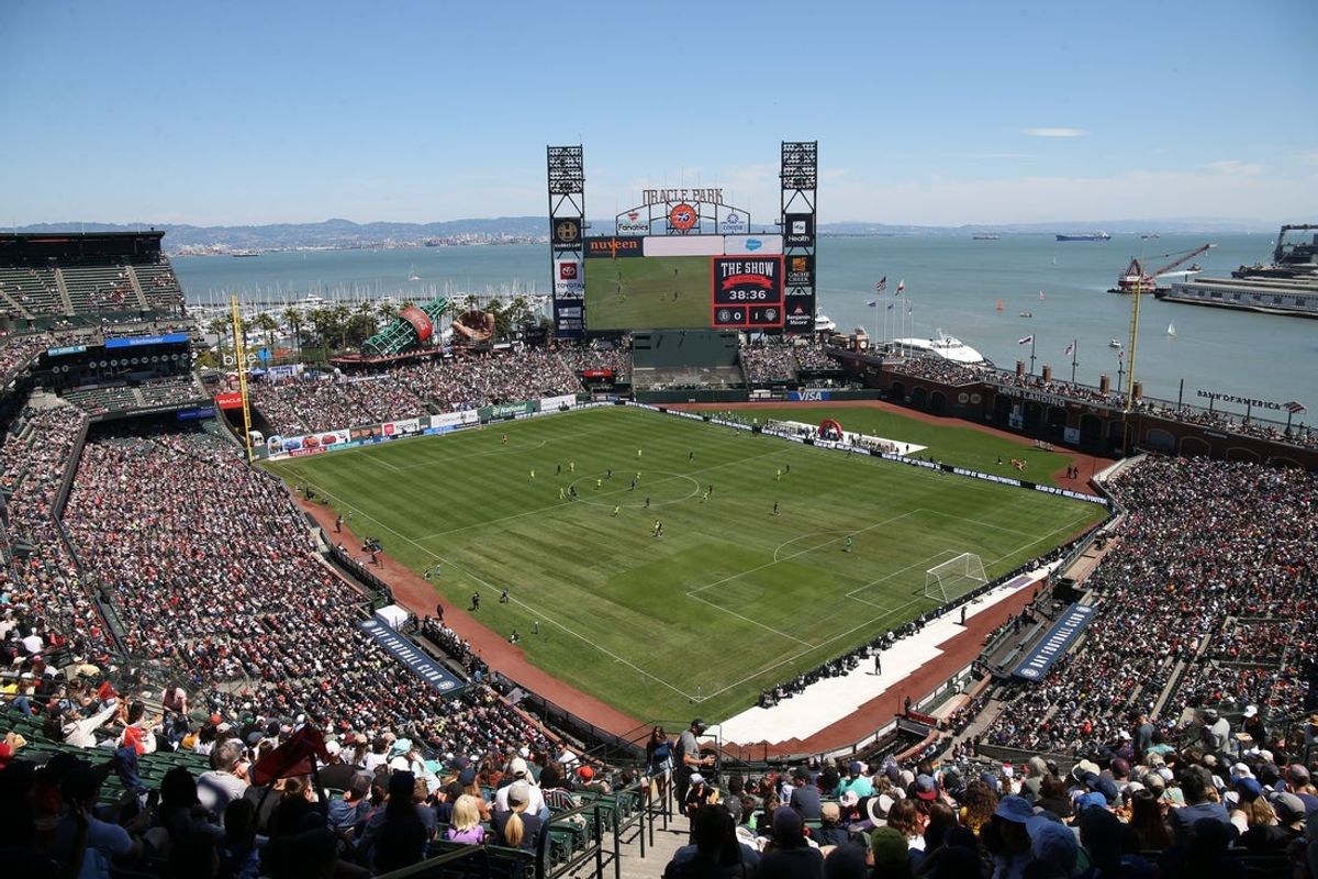 Aug 23, 2025; San Francisco, California, USA;  The largest crowd in women's professional sports league history showed up for the Bay FC vs. Washington Spirit soccer match at Oracle Park. Mandatory Credit: David Gonzales-Imagn Images