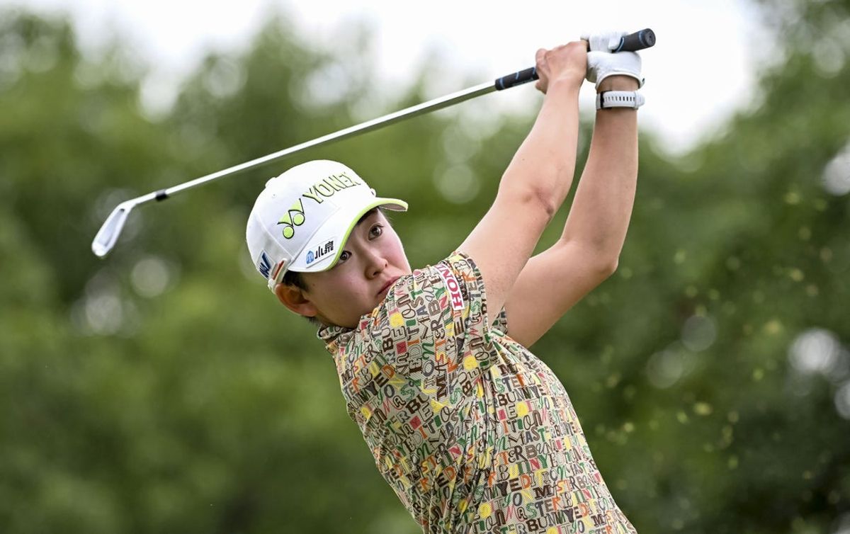 Aug 23, 2025; Mississauga, Ontario, CAN;  Akie Iwai plays her tee shot at the third hole during third round play at the CPKC Women's Open golf tournament. Mandatory Credit: Dan Hamilton-Imagn Images