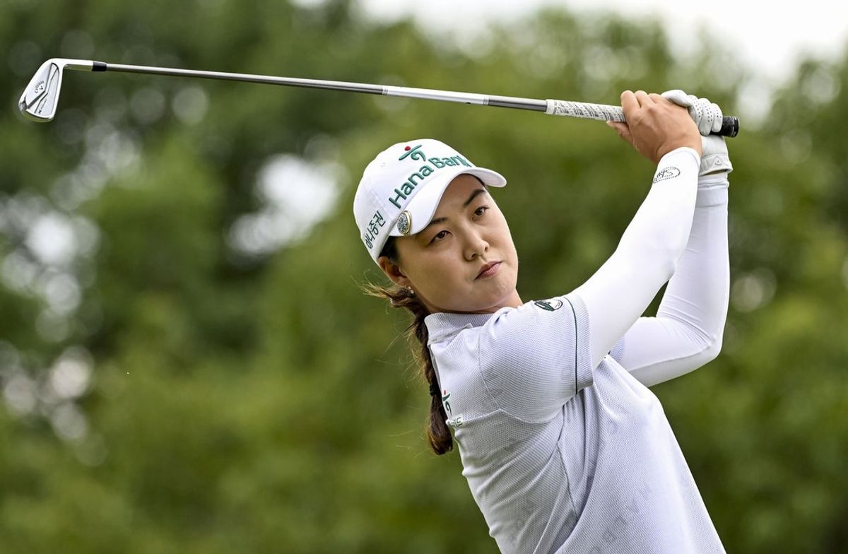 Aug 23, 2025; Mississauga, Ontario, CAN;   Minjee Lee plays her tee shot at the third hole during third round play at the CPKC Women's Open golf tournament. Mandatory Credit: Dan Hamilton-Imagn Images