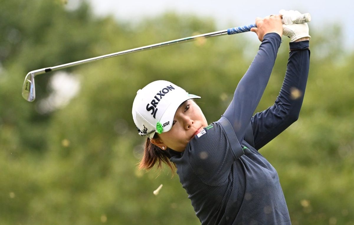 Aug 23, 2025; Mississauga, Ontario, CAN;   Minami Katsu plays her tee shot at the third hole during third round play at the CPKC Women's Open golf tournament. Mandatory Credit: Dan Hamilton-Imagn Images